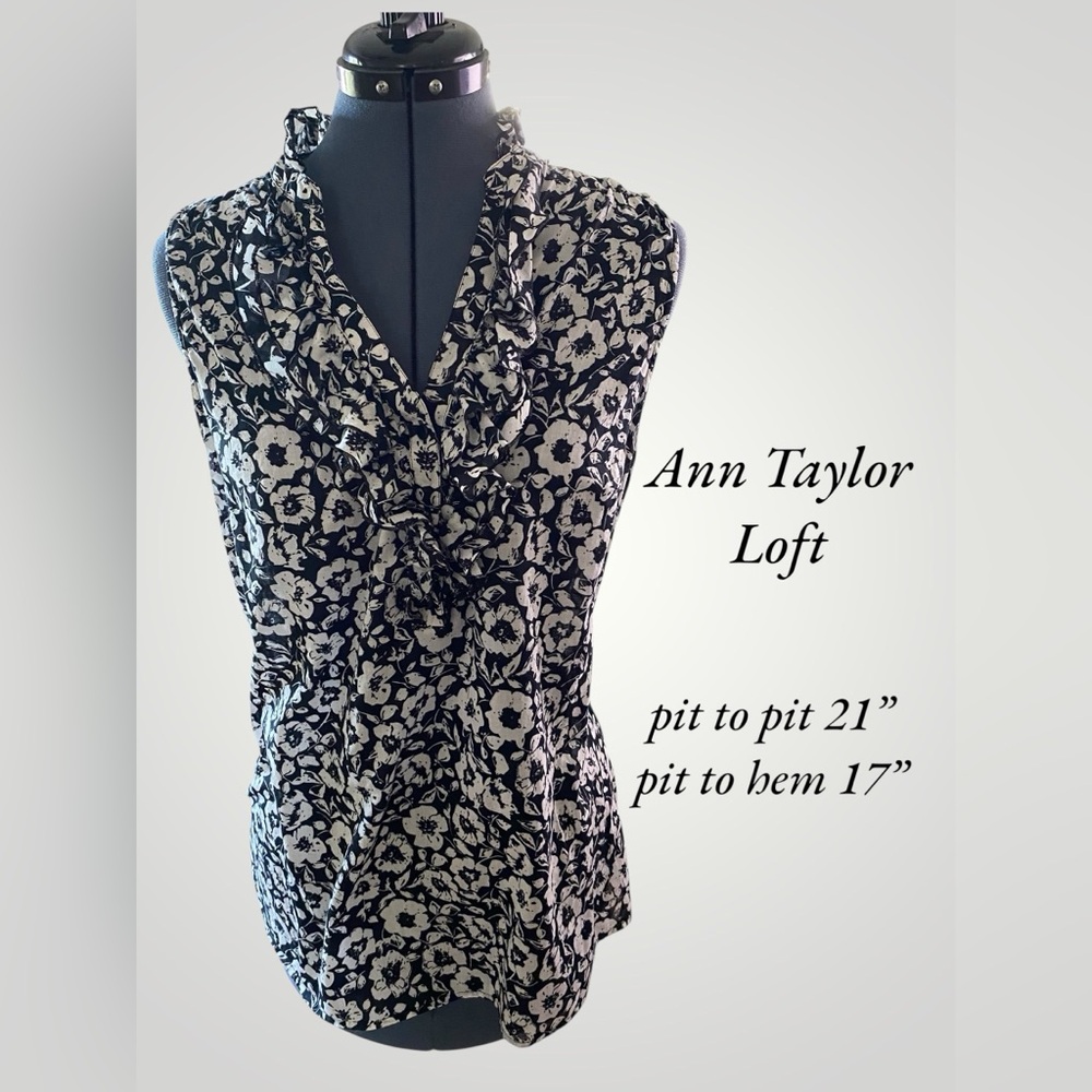 LOFT Black and White Ruffled Sleeveless Blouse